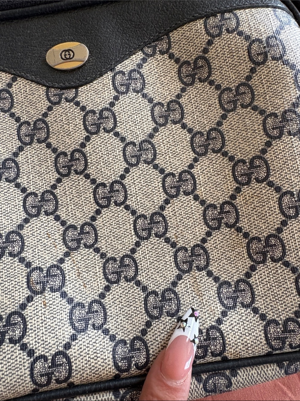 Gucci Beige and Navy GG Monogram Shoulder Bag with Black Trim